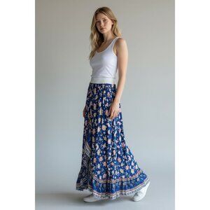 NEW Rusttydustty Womens M Floral Blue Pink Bohemian Maxi Skirt Elastic Waist